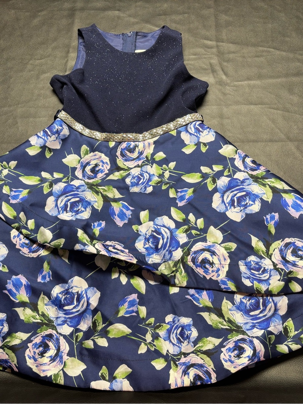 Rare Editions Navy Floral Sparkle Waist Party Dress